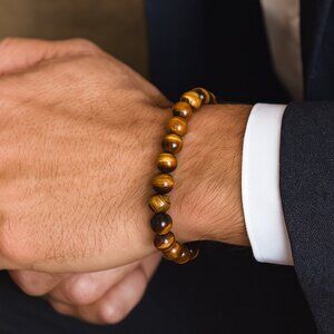 Yellow Tiger Eye Natural Stone Yellow Brown Bead Bracelet Stretch New